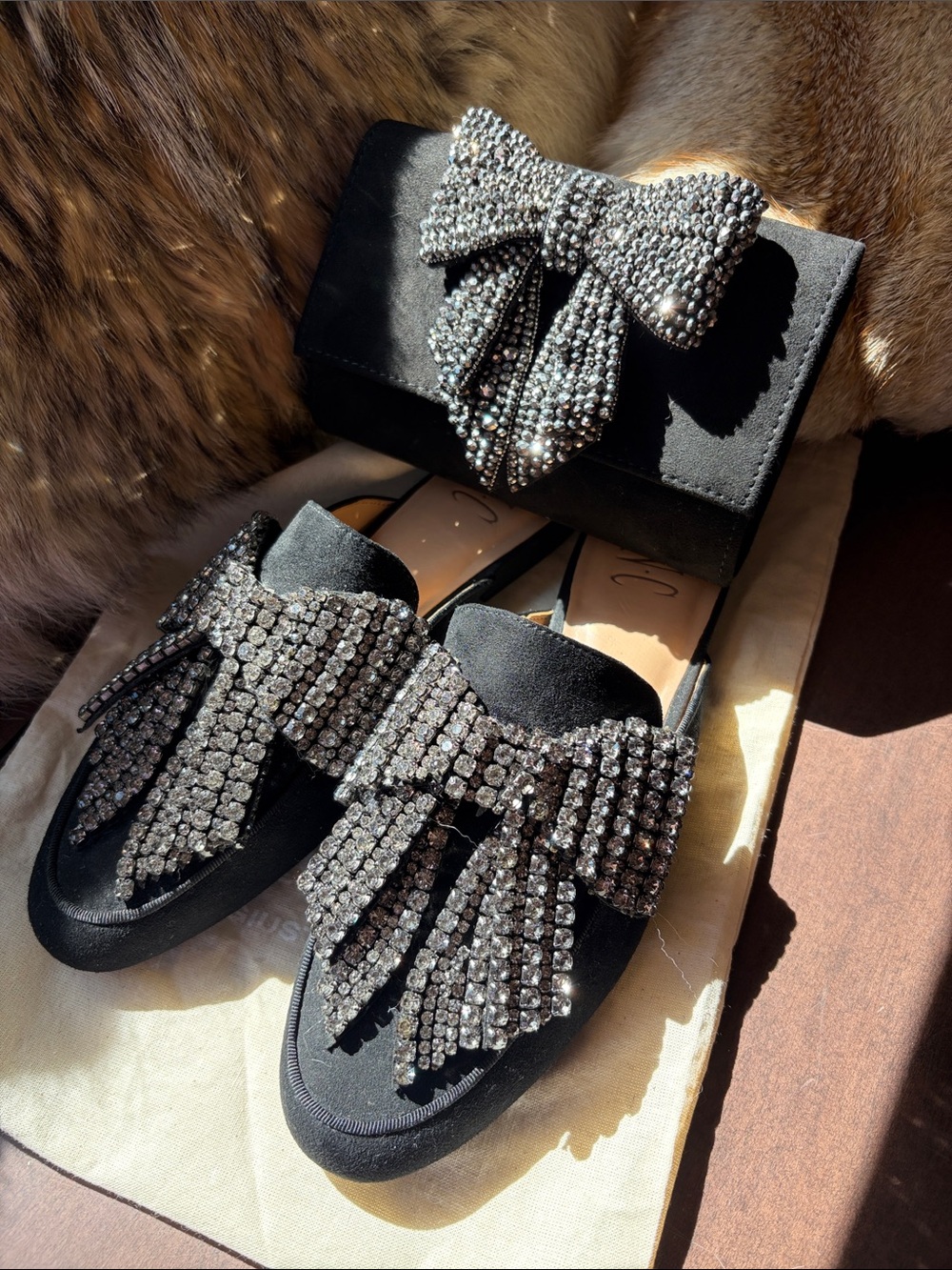 Embellished Black Satin Slip-On Flats with Crystal Bow Accent